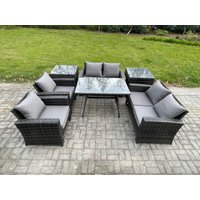 Fimous Rattan Garden Furniture Set Patio Outdoor Lounge Sofa Set with Rectangular Dining Table Love Seat Sofa 2 Side Tables in Dark Grey