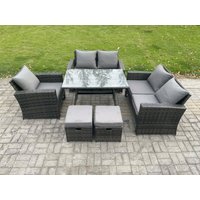 Fimous Wicker PE Rattan Garden Dining Set Outdoor Furniture Sofa with Rectangular Dining Table Love Seat Sofa 2 Small Footstools in Dark Grey