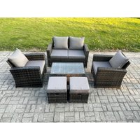 Fimous 6 Seater Outdoor Lounge Sofa Set Wicker PE Rattan Garden Furniture Set with Rectangular Coffee Table Double Seat Sofa in Dark Grey