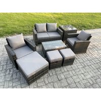 Fimous 7 Seater Outdoor Lounge Sofa Set Wicker PE Rattan Garden Furniture Set with Rectangular Coffee Table Double Seat Sofa in Dark Grey
