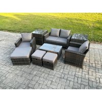Fimous 7 Seater Dark Grey Outdoor Rattan Garden Furniture Set Patio Lounge Sofa Rectangular Coffee Table with 2 Side Table