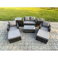 Fimous 6 Seater Dark Grey Outdoor Rattan Garden Furniture Set Patio Lounge Sofa Rectangular Coffee Table with 2 Side Tables