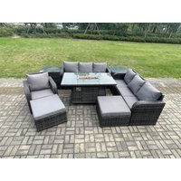 Fimous 9 Seater Rattan Garden Furniture Set Gas Fire Pit Dining Table Reclining Chair 3 Seater Sofa Set Indoor Outdoor with 2 Side Tables in Dark Grey