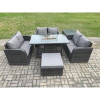 Fimous Rattan Outdoor Garden Furniture Sofa Set Gas Fire Pit Dining Table Gas Heater with Side Table Love Sofa Big Footstool in Dark Grey