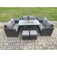 Fimous 8 Seater Outdoor Rattan Furniture Garden Dining Set Gas Fire Pit Table with Side Table Love Sofa 2 Small Footstools in Dark Grey