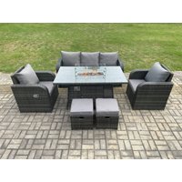 Fimous Garden Patio Furniture Wicker Rattan Gas Fire Pit Table & Chair set with 3 Seater Sofa 2 Small Footstools Dark Grey Mixed