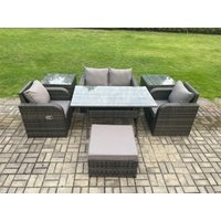 Fimous Outdoor Rattan Garden Furniture Lounge Sofa Set With Oblong Rectangular Dining Table 2 Reclining Chair in Dark Grey