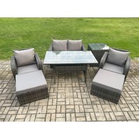 Fimous Rattan Outdoor Garden Furniture Set Rectangular Dining Table & Chair Sofa Set With Side Table 2 Big Footstool in Dark Grey
