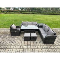 Fimous 9 Seater Rattan Garden Furniture Set Oblong Rectangular Dining Table & Chairs Set with 3 Seater Sofa Side Table 2 Small Footstools in Dark Grey