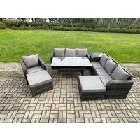 Fimous 9 Seater Outdoor Rattan Garden Furniture Set Oblong Dining Table & Chairs Set with 3 Seater Sofa 2 Big Footstool Side Table Dark Grey Mixed