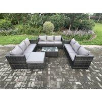 Fimous Outdoor Lounge Sofa Set Wicker PE Rattan Garden Furniture Set with Oblong Coffee Table Big Footstool Dark Grey Mixed