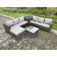 Fimous 7 Seater Rattan Garden Furniture Sofa Set with Side Table Square Coffee Table Big Footstool Indoor Outdoor Rattan Set in Dark Grey