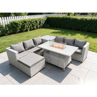 Fimous Corner Rattan Fire Pit Gas Heater Burner Lounge Sofa With Side Coffee Table Big Footstool in Light Grey