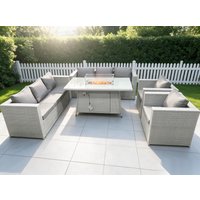 Fimous Rattan Set Gas Fire Pit Dining Set Heater Burner Lounge Sofa Chairs in Light Grey