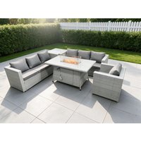 Fimous Light Grey Corner Rattan FirePit Garden Furniture Set Gas Heater Burner Lounge Sofa With Side Coffee Table