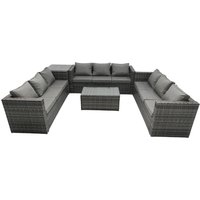 Fimous Outdoor Rattan Garden Furniture Lounge Sofa Set With Oblong Coffee Table & Side Tall High Table in Dark Grey