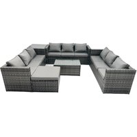 Fimous Outdoor Rattan Garden Furniture Lounge Sofa Set With Oblong Coffee Table & Side Tall High Table in Dark Grey