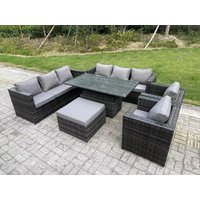 Fimous 9 Seater Outdoor Rattan Garden Furniture Set Adjustable Rising Lifting Dining Table With Chairs Footstool in Dark Grey