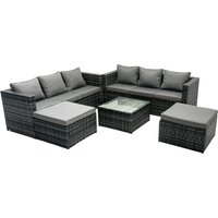 Fimous Rattan Garden Furniture Sets With 3 Seater Sofa Square Coffee Table & 2 PC Big Footstools in Dark Grey