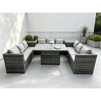 Fimous 9 Seater Outdoor Garden Furniture Rattan Sofa Set Adjustable Rising Lifting Dining Table Dark Grey