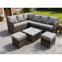 Fimous High Back Rattan Corner Sofa Set Outdoor Furniture Square Coffee Table 2 Small Footstools 8 Seater in Dark Grey