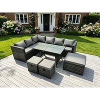 Fimous 9 Seater Rattan Corner Sofa Set Dining Table Footstool Garden Furniture Patio in Dark Grey