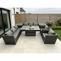 Fimous Wicker PE Garden Furniture Rattan Sofa Set Patio Adjustable Rising Lifting Dining Table Set with 2 Armchairs in Dark Grey