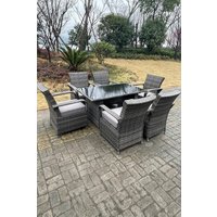 Fimous Rattan Dining Set Table & Chair Sets PE Wicker Patio Outdoor 6 Chairs Black Tempered Glass Table in Dark Grey