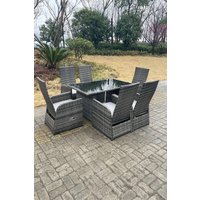 Fimous Outdoor PE Wicker Rattan Adjustable Chair Black Tempered Oblong Dining Table & Chair Sets 6 Seater in Dark Grey