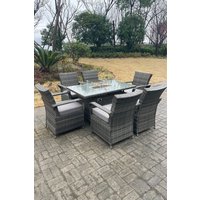 Fimous Rattan Gas Fire Pit Oblong Dining Table Gas Heater Table & Chair Set 6 Seater in Dark Grey