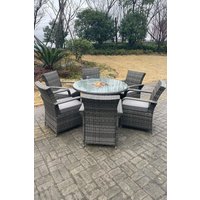 Fimous PE Rattan Gas Fire Pit Round Dining Table Gas Heater Dining Table & Chair Set 6 Seater in Dark Grey