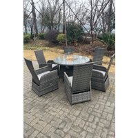 Fimous PE Rattan Gas Fire Pit Round Table Gas Heater Table & Adjustable Chair Set 6 Seat in Dark Grey