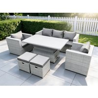 Fimous Rattan Garden Funiture Set Adjustable Rising Lifting Table Sofa Dining Set With 2 Arm Chair Stool in Light Grey