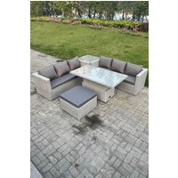 Fimous Rattan Garden Funiture Set Adjustable Rising Lifting Table Sofa Dining Set Tea Table Footstool in Light Grey