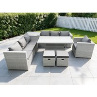 Fimous Rattan Garden Funiture Set Height Adjustable Rising Lifting Table Sofa Dining Set Table Chair Stool in Light Grey