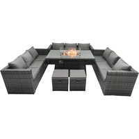 Fimous 11 Seater Outdoor Lounge Rattan Sofa Set Garden Furniture Gas Firepit Set Dining Table With Stools Dark Grey