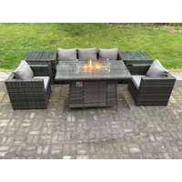 Fimous 5 Seater Outdoor PE Rattan Garden Furniture Set Gas Fire Pit Dining Table Gas Heater Burner in Dark Grey