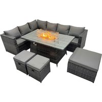 Fimous 9 Seater Rattan Corner Sofa Set Gas Firepit Dining Table Set Patio Heater Burner With Big Footstool Dark Grey