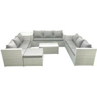 Fimous Rattan Garden Outdoor Furniture Set 10 Seater Garden Sofa Coffee Table Set with Big Footstool Side Table Light Grey Mixed