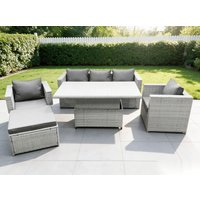 Fimous Rattan Garden Funiture Set Adjustable Rising Lifting Table Sofa Dining Set With 2 Arm Chair in Light Grey