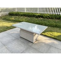 Fimous Rattan Garden Furniture Adjustable Rising Dining Coffee Table In Light Grey Mixed With Clear Tempered Glass Semi Assembled
