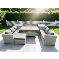 Fimous Light Grey U Shape Lounge Sofa Dining Set Gas Heater Fire pit Burner 2 PC Tea Table Footstool