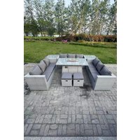 Fimous Light Grey U Shape Lounge Sofa Dining Set With Gas Fire Pit Heater Burner Side Tea Table Stools