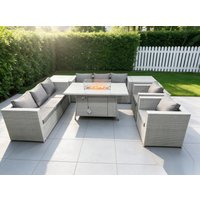 Fimous Rattan Fire Pit Garden Furniture Set Gas Heater Burner Lounge Sofa Dining Set 2 Side Coffee Table in Light Grey