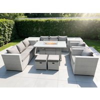 Fimous Rattan Fire Pit Garden Furniture Gas Heater Burner Lounge Sofa Dining Set Coffee Table Chairs Stool in Light Grey