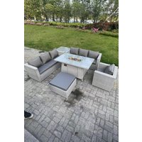 Fimous Rattan Fire Pit Garden Furniture Set Gas Heater Burner Lounge Sofa With Side Coffee Table in Light Grey