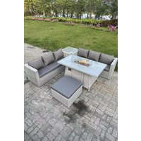 Fimous Corner Rattan Fire Pit Garden Furniture Set Gas Heater Burner Lounge Sofa Side Coffee Table in Light Grey