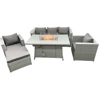 Fimous Outdoor PE Rattan Garden Furniture Gas Fire Pit Dining Table Armchairs With Big Footstool Light Grey