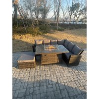 Fimous High Back Rattan Garden Furniture Sets Gas Fire Pit Dining Table Right Corner Sofa Big Footstools 7 Seater in Dark Grey