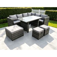 Fimous 7 Seater PE Rattan Corner Sofa Set Rectangular Dining Table Set With Seat & Back Cushion in Dark Grey